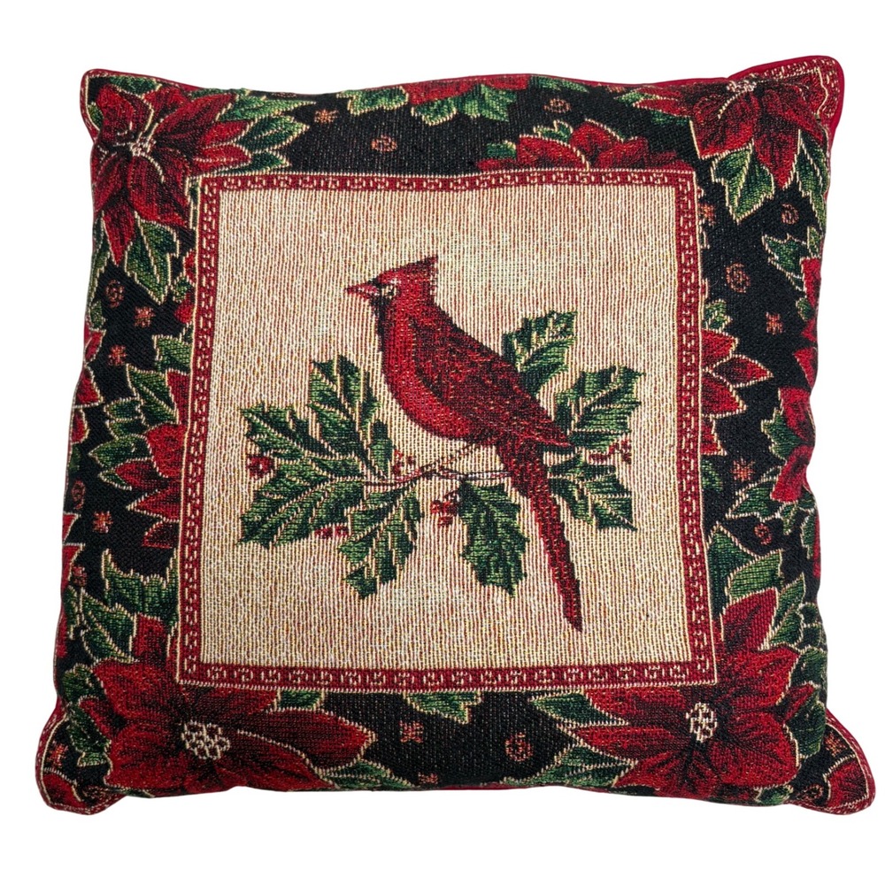 Christmas Tapestry Throw‎ Pillow 16x16 Cardinal Bird Poinsettia Holiday Decor